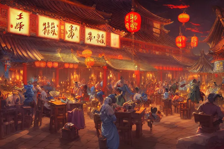 Image similar to fantasy art of a bustling tavern in china, at night, by jesper ejsing, highly detailed digital art, trending on artstation