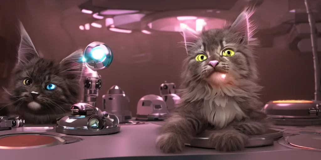 Image similar to a d rendered movie still a cute robotic kitten with rgb ambient lighting implants. the robot maine coon kitten. in the background is a cyberpunk cat tree with rgb dramatic lighting. science fiction blockbuster movie from the future, imax 7 0 mm. octane 3 d render, style of mandalorian ( american space western television series )