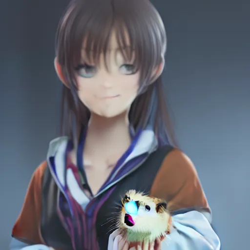 Image similar to Anime girl in a school, holding a hamster, concept art, ultra realism, photo realistic, cgsociety, octane render, artstationHD, artstationHQ, unreal engine, 4k, 8k