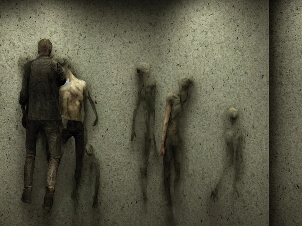 Prompt: featureless humanoid figures on the subway, dimly lit, distressed Venetian green plaster walls, liminal space, haunting atmosphere, gothic, photorealistic, hyperdetailed 3D matte painting, hyperrealism, hyperrealistic, cinematic, silent hill, horror style, 8k ultra HD octane render