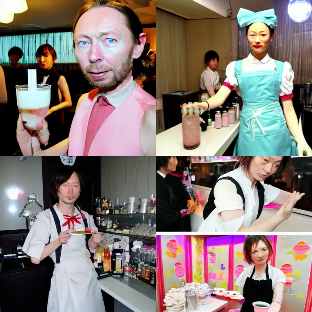 Prompt: Thom Yorke as a female maid dress, serving drinks at a maid cafe in tokyo