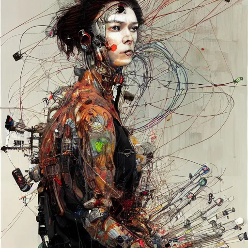 Image similar to a female cyberpunk cyberhacker, wires cybernetic implants, in the style of adrian ghenie esao andrews jenny saville surrealism dark art by james jean takato yamamoto and by ashley wood