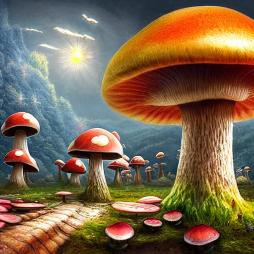 Prompt: mushroom castle, ultra detailed painting at 1 6 k resolution and epic visuals. epically beautiful image. amazing effect, image looks crazily crisp as far as it's visual fidelity goes, absolutely outstanding. vivid clarity. ultra. iridescent. mind - breaking. mega - beautiful pencil shadowing. beautiful face. ultra high definition, range murata and artgerm
