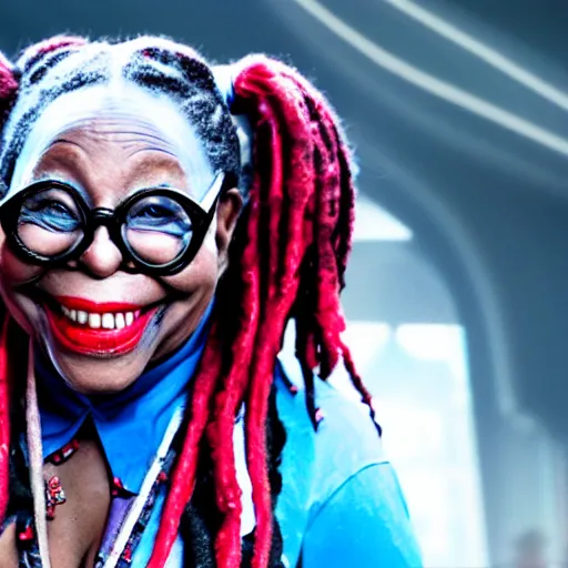 Image similar to Whoopi Goldberg as harley quinn, 8k, high definition, highly detailed