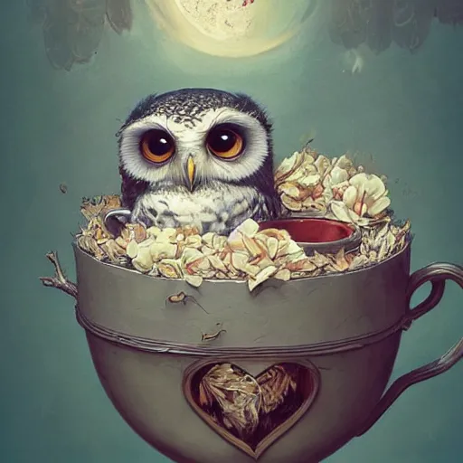 Image similar to long shot of a very cute owl chick nesting in a very romantique cup, by esao andrews, by james jean, marc simonetti, by victo ngai, humorous illustration, hyperrealistic, big depth of field, fresh colors, dim light, 3 d octane render conceptart, 4 k, hyperdetailed, trending on artstation