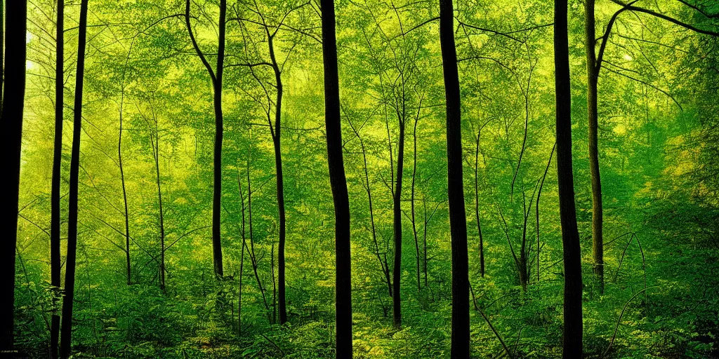 Prompt: lush american broadleaf deciduous forest, against light, glare, bright details, contrasting, daylight, highly detailed, by dieter rams 1 9 9 0, national geographic magazine, reportage photo, natural colors