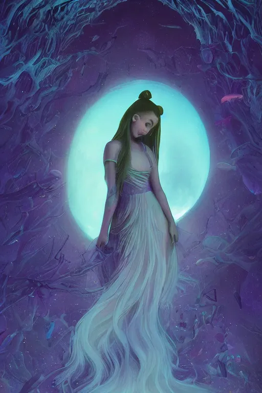 Prompt: ariana grande, art by frank kelly & michael bohme, trending on artstation, bioluminescence closeup view illustrator, american romanticism, very very elegant, 4 k hd