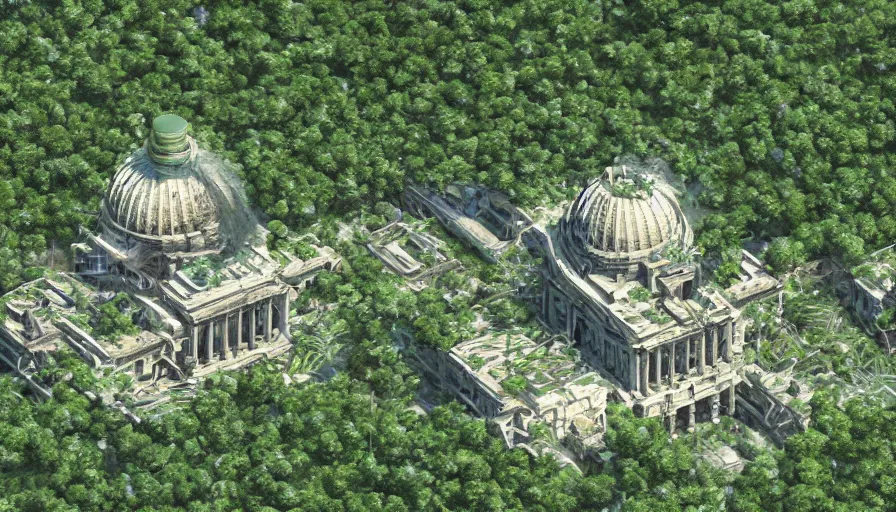 Image similar to destroyed collapsed capitol covered by vegetation controlled by a militia, huge blue flag with green logo on capitol, hyperdetailed, artstation, cgsociety, 8 k