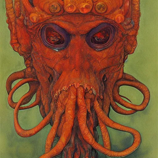 Image similar to portrait of orange cthulhu by wayne barlowe in the style of egon schiele