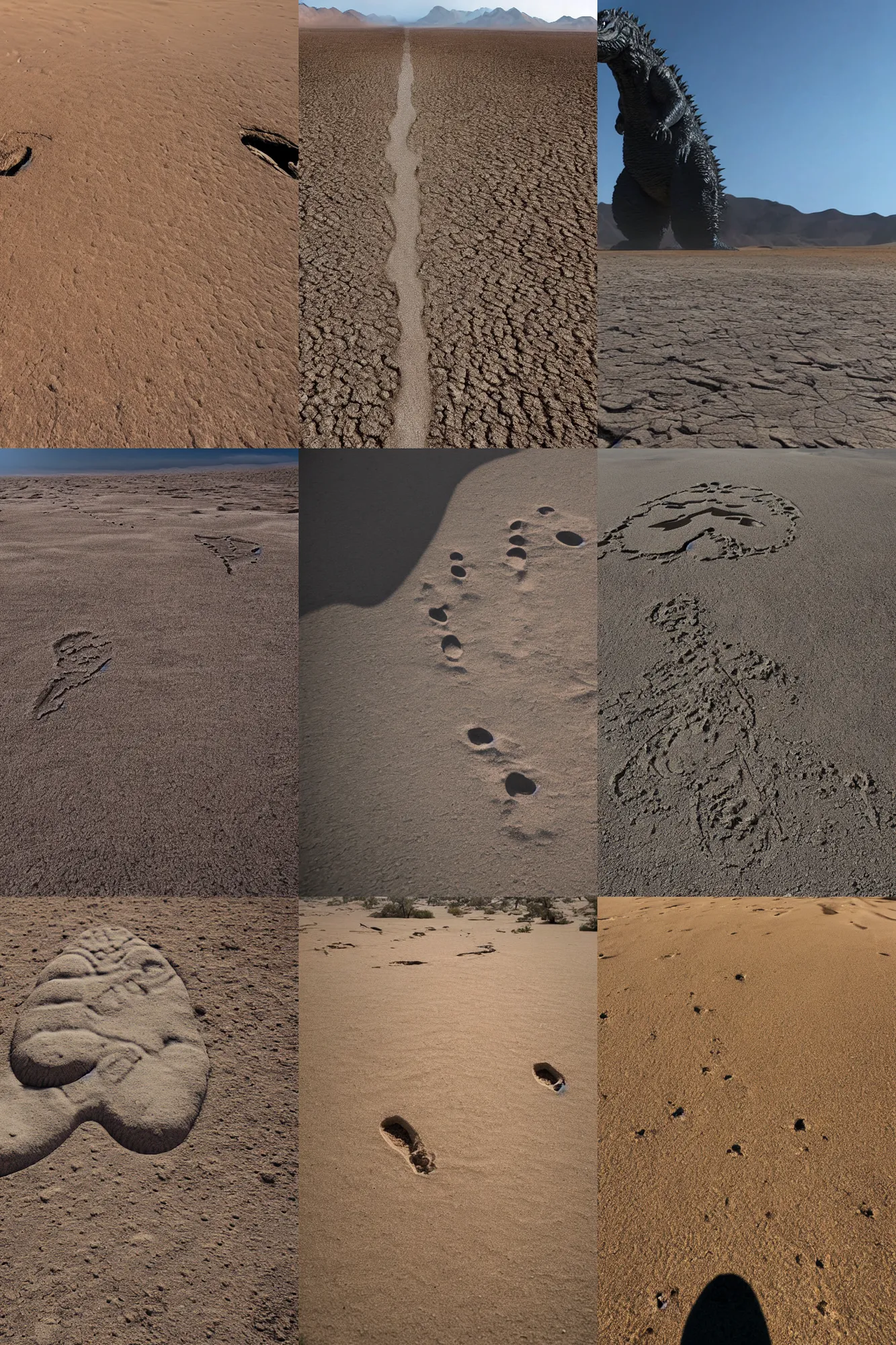 Prompt: giant godzilla footprints in the desert, 8 k, high quality