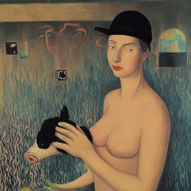 Image similar to tall female emo artist holding a pig in her flooded apartment, mushrooms, octopus, water gushing from ceiling, painting of flood waters inside an artist's apartment, a river flooding indoors, pomegranates, pigs, ikebana, zen, river, rapids, waterfall, black swans, canoe, berries, acrylic on canvas, surrealist, by magritte and monet