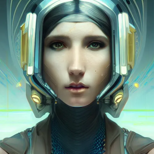 Image similar to portrait of a cyberpunk art deco girl, sci-fi, fantasy, intricate, elegant, highly detailed, digital painting, artstation, smooth, sharp focus, illustration, art by artgerm and greg rutkowski and alphonse mucha