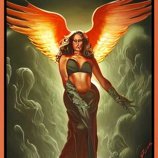 Image similar to painting in style of michael whelan, the super hot, dark angel of coffee