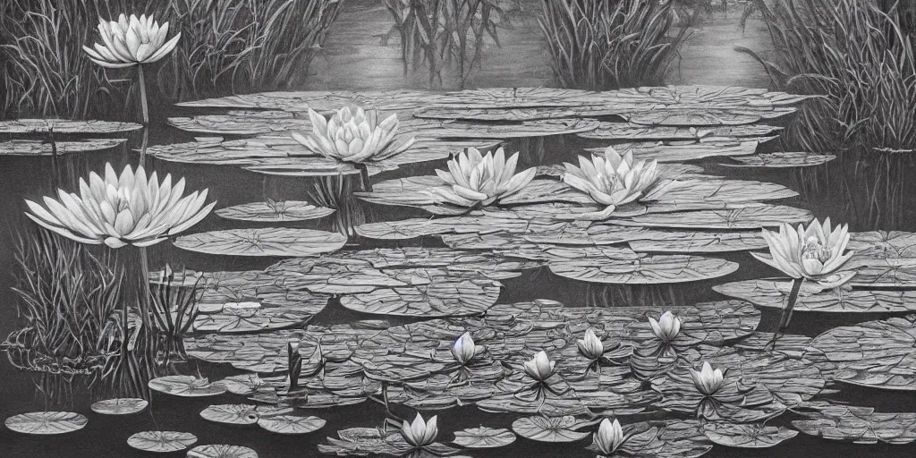 Image similar to a beautiful painting of waterlily pond by aaron horkey, trending on artstation