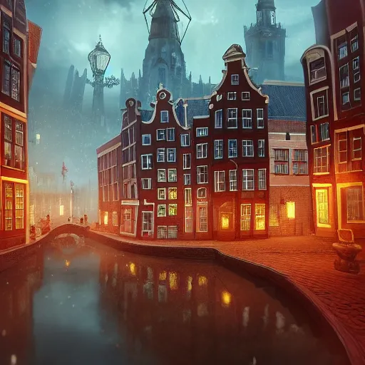 Image similar to a magical town with tall crooked buildings, deformed tall buildings, slanted tall buildings, inspired by amsterdam and victorian england, night time, digital painting, highly detailed, concept art, game art, matte painting, trending on artstation, octane render, 8 k, unreal engine