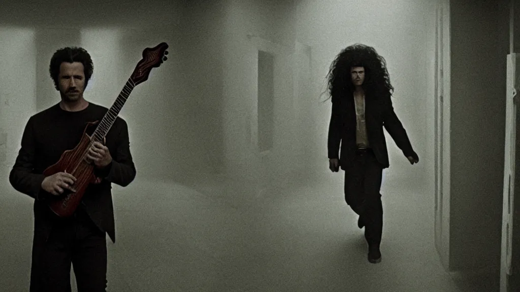 Prompt: photo of a man with long curly hair holding a firing guitar, walking out of from the past door, film still from the movie directed by denis villeneuve with art direction by zdzisław beksinski, wide lens