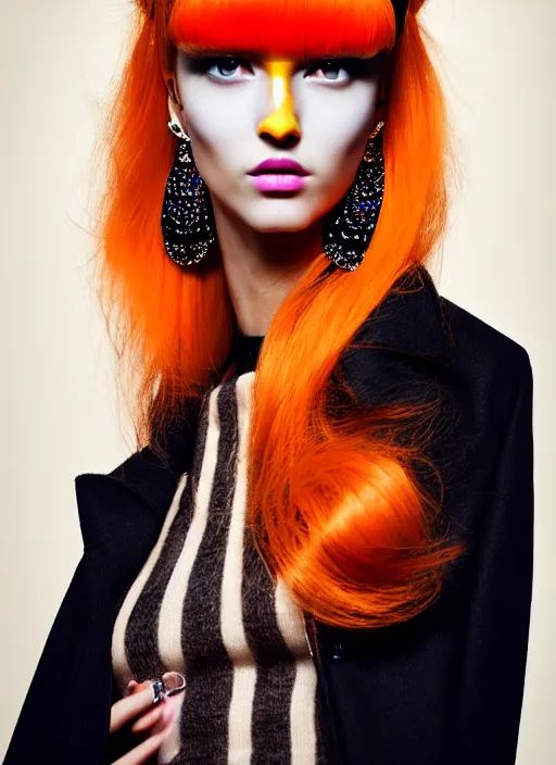 Prompt: coat for a rave,Orange hairstyle, earrings, bright soft colors, black background, many details, prints, photo for a magazine, photo for a store, fashion photography, Vogue, 135 mm, cinematic, hyper realism, high detail, octane render, 8k, chrome accents, very coherent symmetrical artwork, perfect face model, Soft light, Reduced contrast