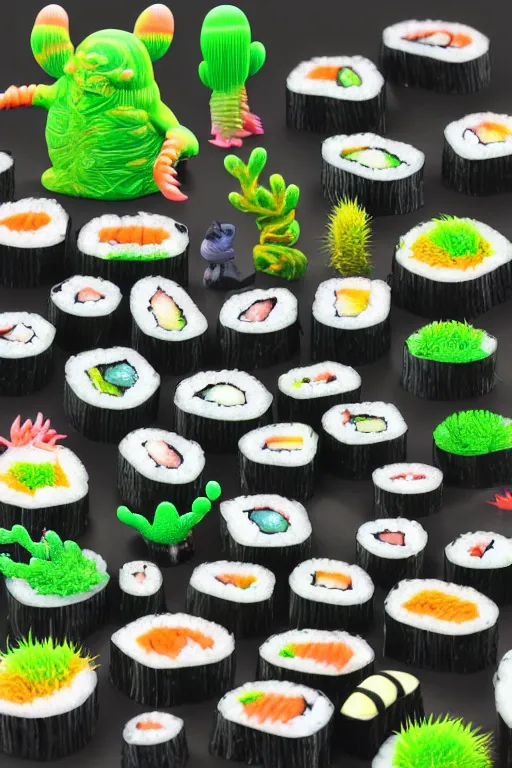 Image similar to creature sushi roots cactus elemental flush of force nature micro world fluo light deepdream