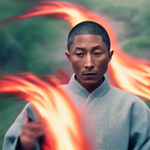 Image similar to cinematic film still Pharrell Williams starring as a Samurai holding fire, Japanese CGI, VFX, 2003, 40mm lens, shallow depth of field,film photography