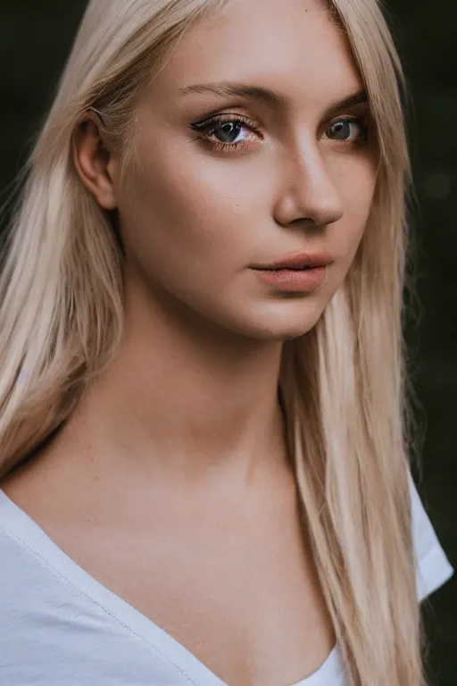 Image similar to 2 4 year old professional blonde female wearing white v - neck top, neck zoomed in, photo realistic, extreme detail skin, no filter, slr, golden hour, 4 k, high definition, photograph, selfie