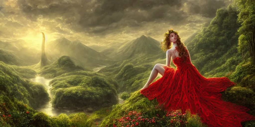 Image similar to an elegant fairy queen in a red lace dress sitting and looking out at a lord of the rings scenery landscape, vast lush valley flowers and giant mushroom structures, river, sunrise, god's rays highly detailed, vivid colour, soft clouds, floral sunset, cinematic lighting, perfect composition, 8 k, gustave dore, derek zabrocki, greg rutkowski, belsinski