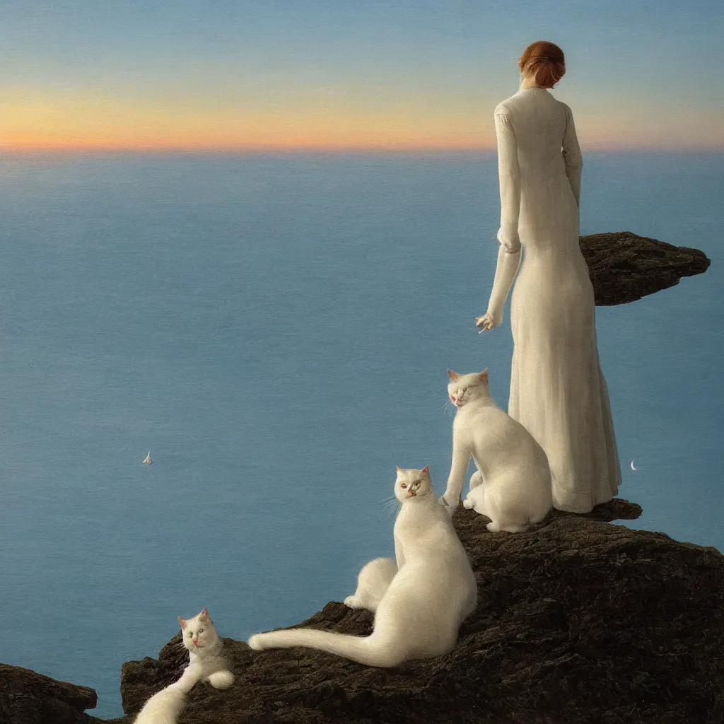 Prompt: an android girl with a white cat by caspar david friedrich, in the sunset ， sitting on the edge of a cliff ， look at the sea ， hyperrealistic, clean, pure, elegant, highly detailed, digital painting, artstation, concept art, smooth, sharp focus, illustration,