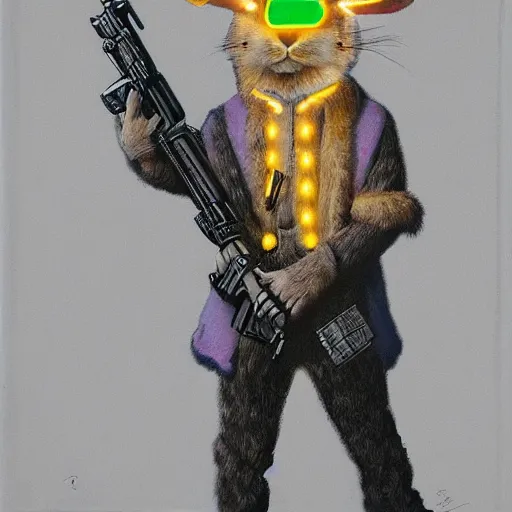 Image similar to portrait of rabbit with UV neon fur holding a machine gun , 8k, highly detailed, sharp, realistic, in style of Brom