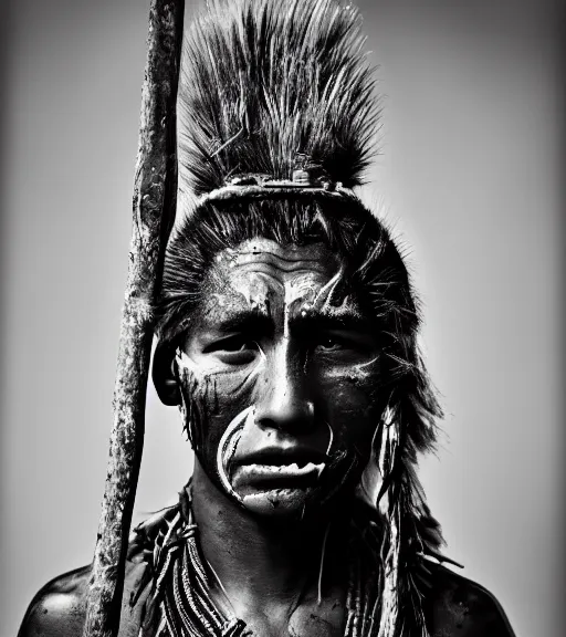 Prompt: portrait of a maori warrior, 2 0 yo, angry look, skin pores, scars, skin condition, dark background, studio light, hdr, sonnar 3 5 mm f / 1. 8 g, by sebastiao salgado