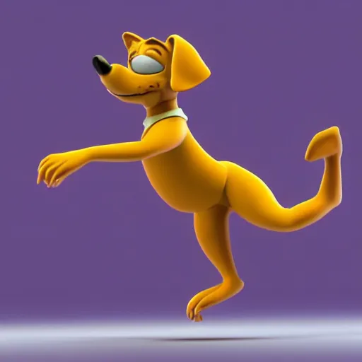 Image similar to a beautiful 3d render of a purple dog dancing, in the style of disney, comic book style, the dog is doing a ballet dance, highly detailed, 8k resolution