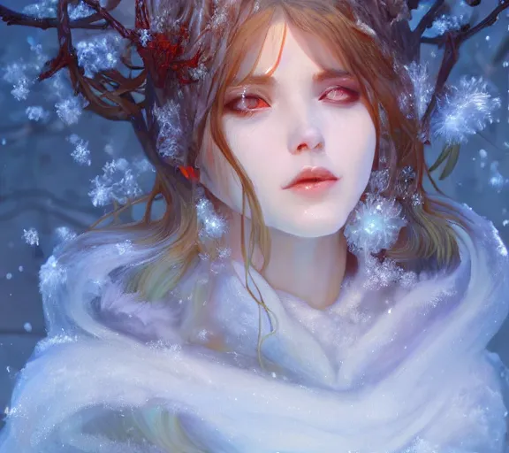 Image similar to beautiful ancient frost witch, fire in eye, snow glow!!, pool party, highly detailed, digital painting, artstation, sharp focus, illustration, art by tan zi and ayanamikodon and alphonse mucha and wlop