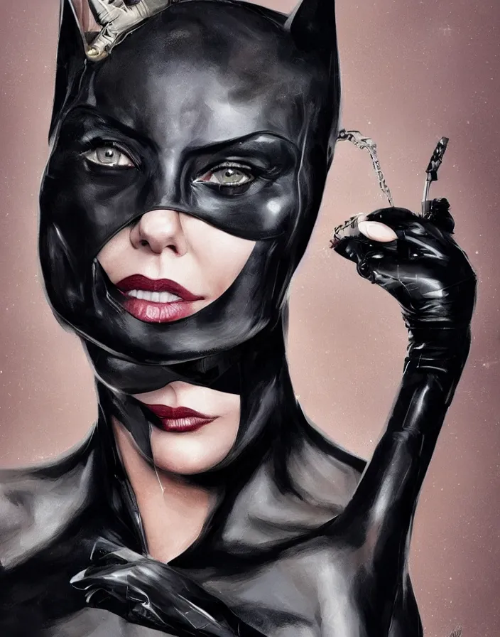 Image similar to portrait of charlize theron as a catwoman. batman. intricate abstract. intricate artwork. by tooth wu, wlop, beeple, dan mumford. octane render, trending on artstation, greg rutkowski very coherent symmetrical artwork. cinematic, hyper realism, high detail, octane render, 8 k, iridescent accents.