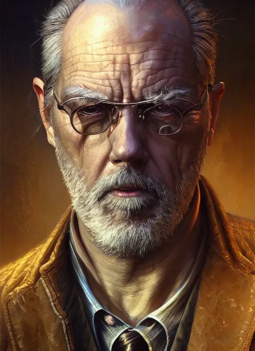 Image similar to closeup portrait shot of an aging detective in a scenic cyberpunk mystery environment, intricate, elegant, highly detailed, centered, digital painting, artstation, concept art, smooth, sharp focus, illustration, artgerm, tomasz alen kopera, peter mohrbacher, donato giancola, joseph christian leyendecker, wlop, boris vallejo