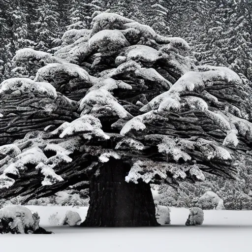 Prompt: a large, monolithic taiga tree in the artic. snowing, grainy, overcast sky.