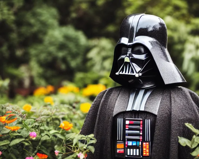 Image similar to 8 5 mm photography of darth vader in an avocado costume near a garden with sand with dof and bokeh and flowers