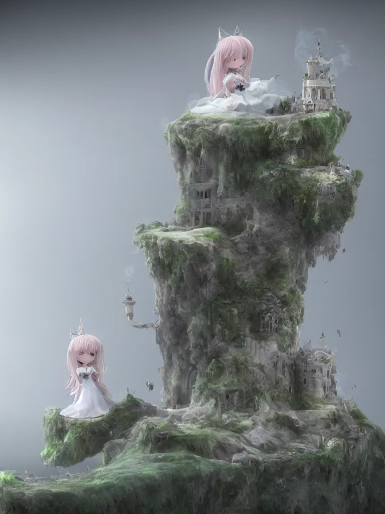 Image similar to cute fumo plush of a princess girl in a tower on a tiny island which she lays sole claim to, selfish empress of the abyss, tempestuous waters, wisps of volumetric smoke and fog, gothic wraith maiden in tattered white dress, floating island, vignette, vray