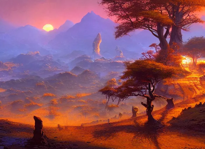 Image similar to The ash lands of Morrowind by Bruce Pennington, fantasy landscape, oil painting, 8k, featured on artstation, elegant, intricate