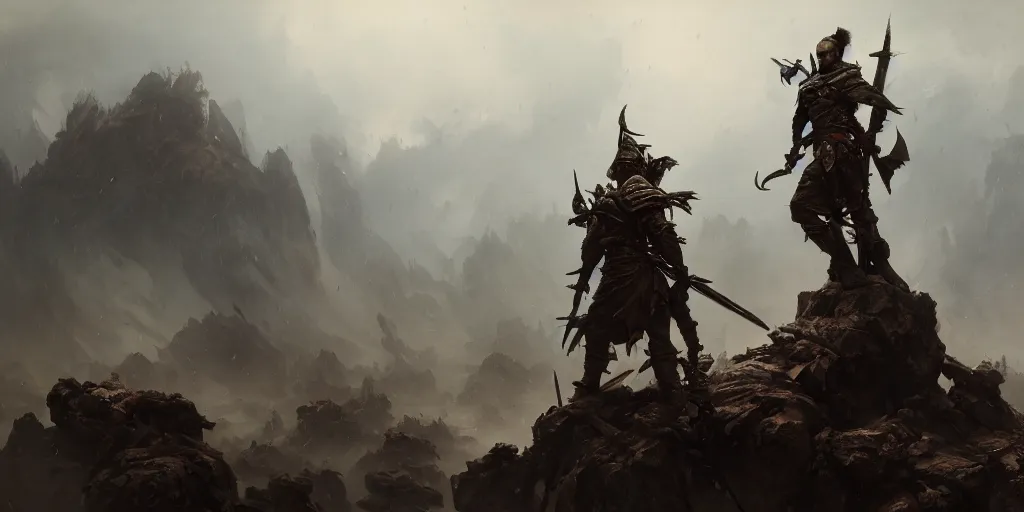 Image similar to the last warrior standing on the top of pile of skulls, the war has just ended, raining blood, extremely detailed digital painting, in the style of fenghua zhong and ruan jia and jeremy lipking and peter mohrbacher, mystical colors, rim light, beautiful lighting, 8 k, stunning scene, raytracing, octane, trending on artstation