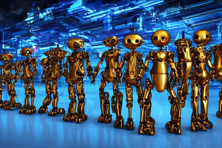 Image similar to a queue of 7 golden and blue metal humanoid steampunk robots wearing and gears and tubes, eyes are glowing red lightbulbs, shiny crisp finish, 3 d render, 8 k, insaneley detailed, fluorescent colors, background is an entrance door to a futuristic nightclub, nightlight