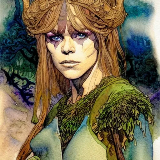 Image similar to a realistic and atmospheric watercolour fantasy character concept art portrait of a young jane fonda as a druidic warrior wizard looking at the camera with an intelligent gaze by rebecca guay, michael kaluta, charles vess and jean moebius giraud