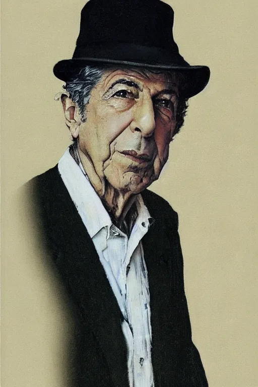 Image similar to “portrait of Leonard Cohen, impeccably dressed, wearing trilby hat, by norman Rockwell”