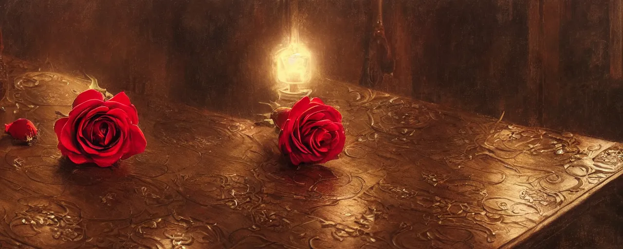 Prompt: a single red rose is on a wooden table with subtle intricate carved filigree and drops of blood, close up view, dramatic lighting, DOF, soft, sharp focus, art nouveau, intricate artwork by Raymond Swanland and Ruan Jia and Greg Rutkowski