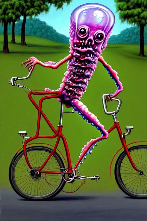 Image similar to a hyperrealistic painting of a translucent jelly zombie creature riding a bicycle through a suburban neighborhood on a sunny day, by chris cunningham and richard corben, highly detailed, vivid color,