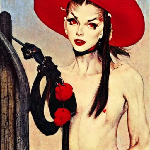 Prompt: Muscular and scary urban female vampire with a red coat and beret, by Norman Rockwell and Robert McGinnis.