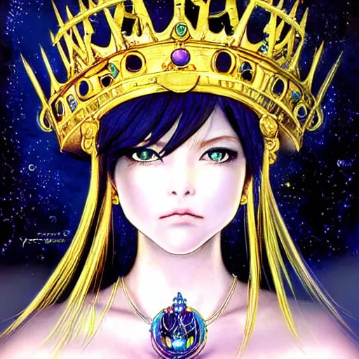 Prompt: portrait of the queen of saturn, saturn rings as a crown, inspired in final fantasy, by yoshitaka amano