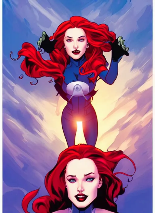 Prompt: Rafeal Albuquerque comic art, Joshua Middleton comic art, pretty female Madelaine Petsch Rogue x-men marvel taking a selfie, big smirk, symmetrical face, symmetrical eyes, long red hair white streak hair, full body, single head, flying in the air, battlefield background, sunset, cinematic lighting