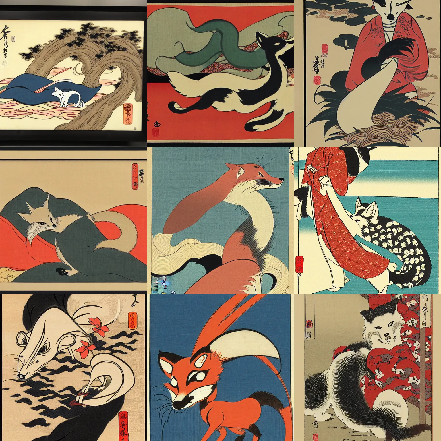 Prompt: fox ukiyo - e style,