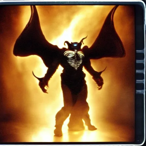 Image similar to a movie still with the balrog from lord of the ring in tron, highly detailed, realistic, photo, polaroid