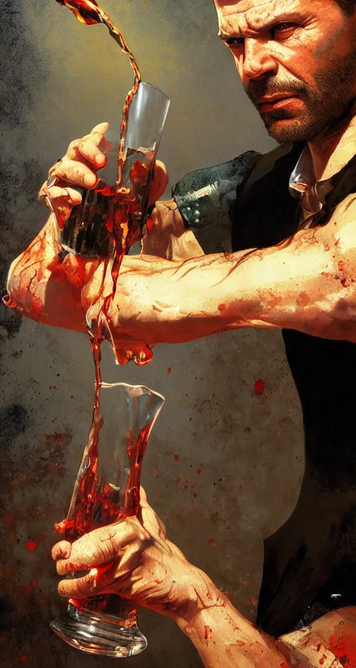 Image similar to close up of bloodied max payne pouring a drink, sun shining, photo realistic illustration by greg rutkowski, thomas kindkade, alphonse mucha, loish, norman rockwell.