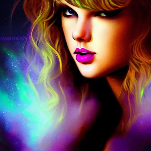 Image similar to closeup portrait of an ethereal Taylor swift made of purple light, divine, cyberspace, mysterious, dark high-contrast concept art