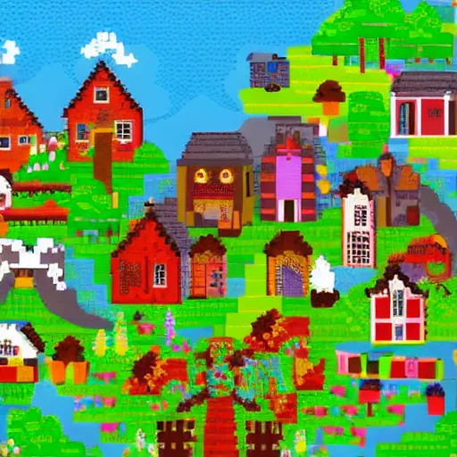 Image similar to sunny magical village with fairies and animals and plants and brewery and mill and giant sleeping next to it, pixel art